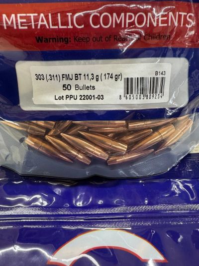 Palle FMJ BT calibro 30/303  .311'' 174 grani Conf. da 50 palle PPU - Partizan